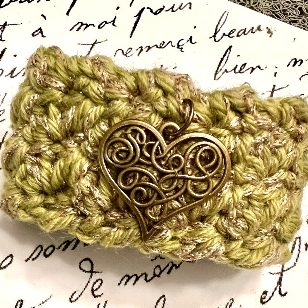 Avacado & Gold Color Handmade CUFF/BRACELET/BANGLE Slip-on w/Bronze Heart Charm